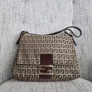 Authentic Fendi Brown Zucchino Canvas Mama Baguette Gold Hardware